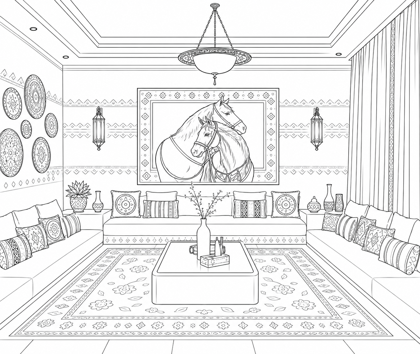 Patterned sitting room coloring scene