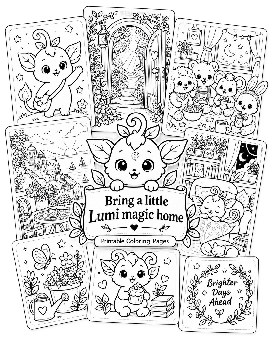 A collage of coloring pages from the Lumi world