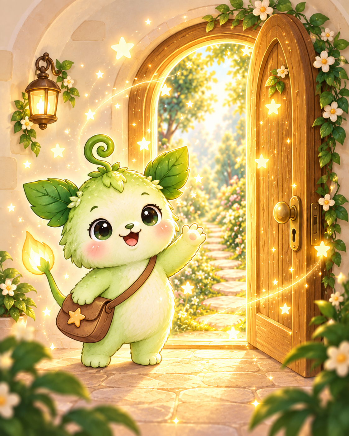 Lumi beside a large glowing magical door with stars and flowers