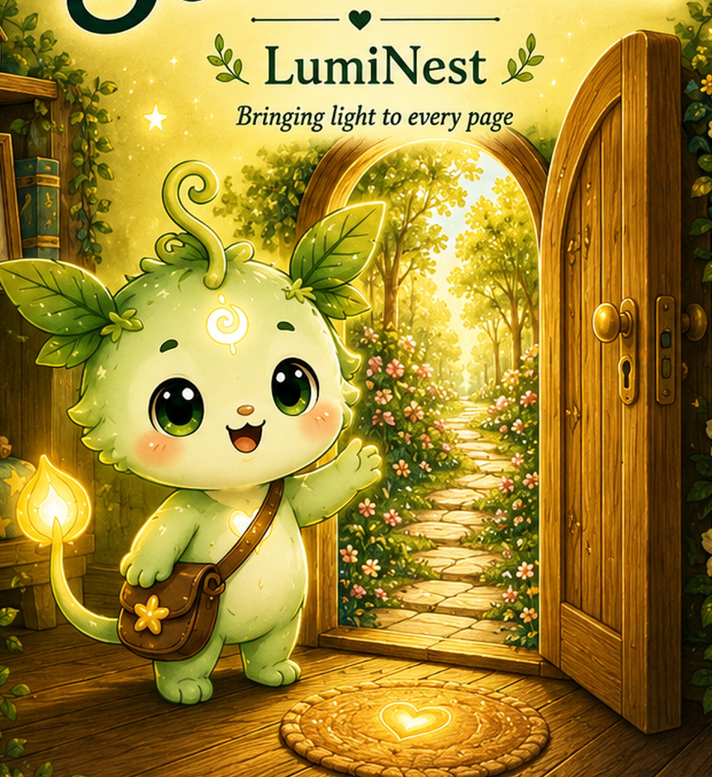 Lumi beside the glowing secret door, from the original cover artwork