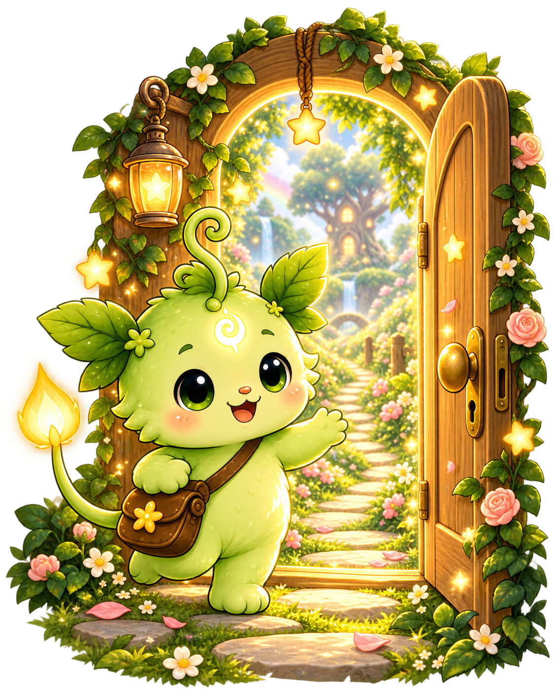 Lumi beside a glowing magical door surrounded by stars and flowers